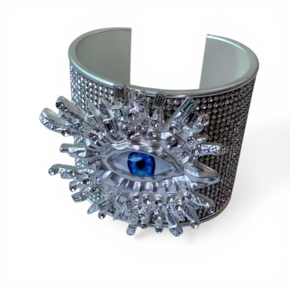 Silver Evil Eye Cuff Rhinestone Wide Bracelet Schiaparelli Style Bold - NEW
